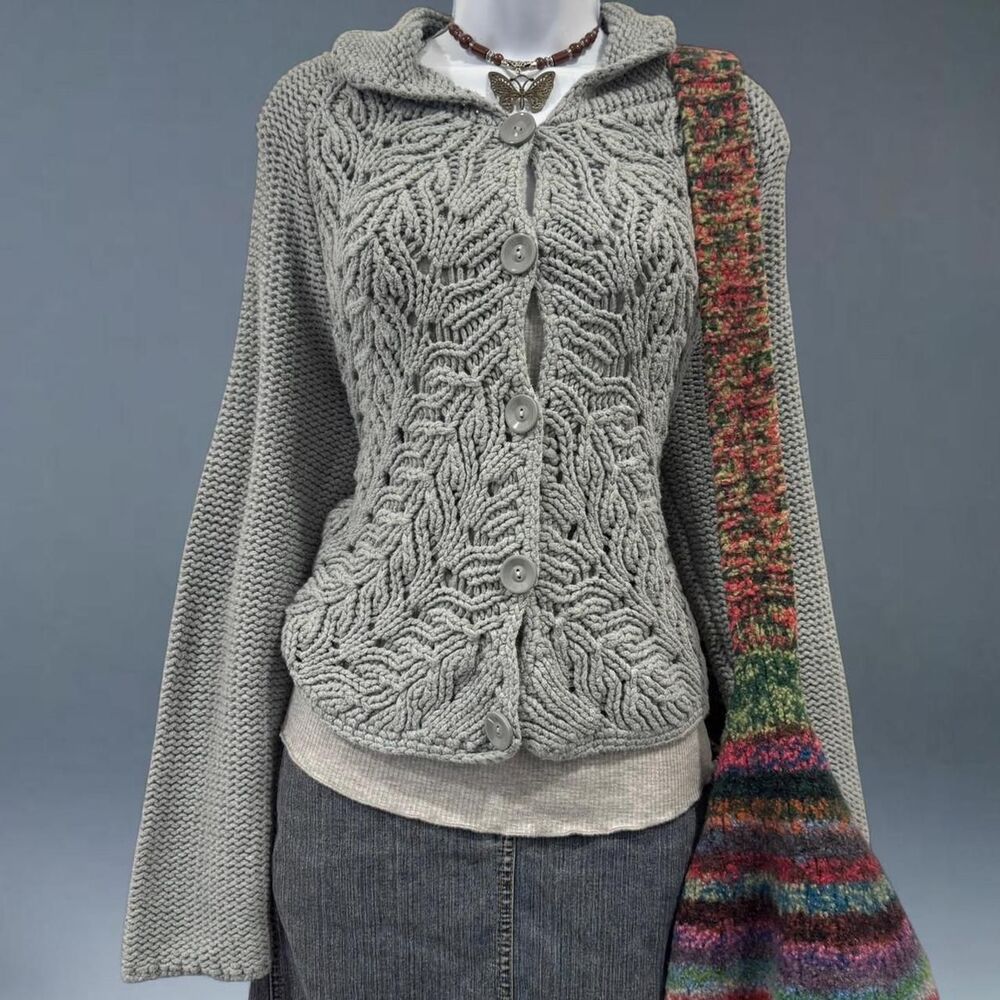Cottagecore Grey Chunky Cable Knit Cardigan Sweater Boho Cozy Fits S